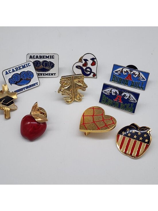 Jewelry - Vintage Teacher Enamel Pins Buttons Academic Honor Roll Tragedy Apple Heart USA